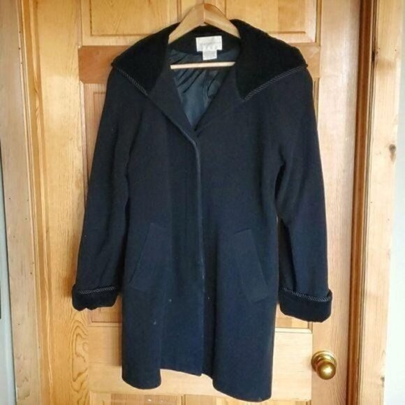 Worthington Black Wool Heavy Velvet Hooded Lined Button Sz. 10 Coat w Pockets - Picture 1 of 8